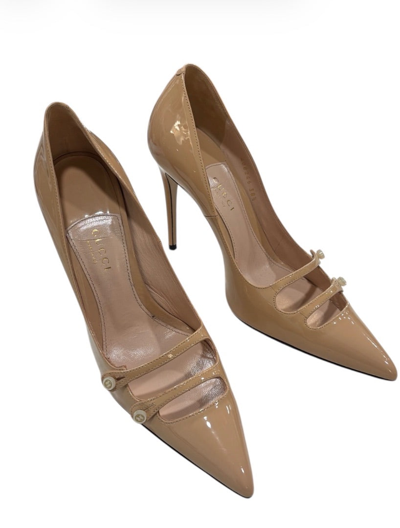 Gucci Beige Aneta Patent Leather Double-Strap Pointed Toe Heels, 38.5