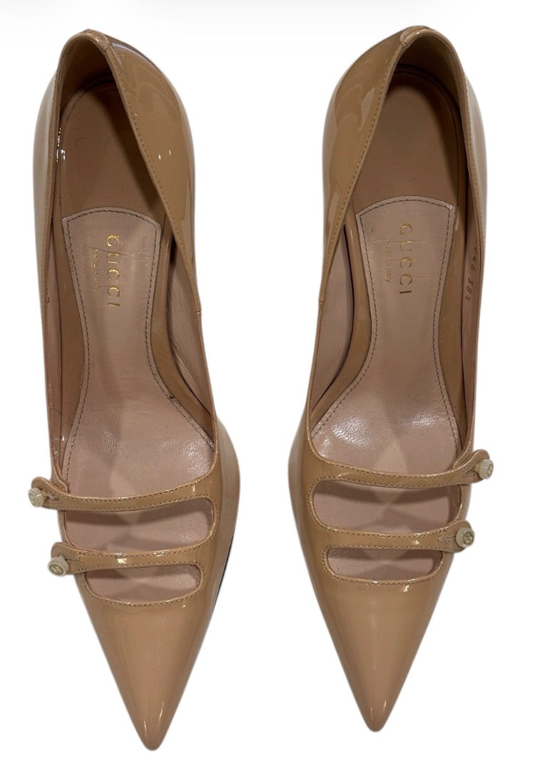 Gucci Beige Aneta Patent Leather Double-Strap Pointed Toe Heels, 38.5