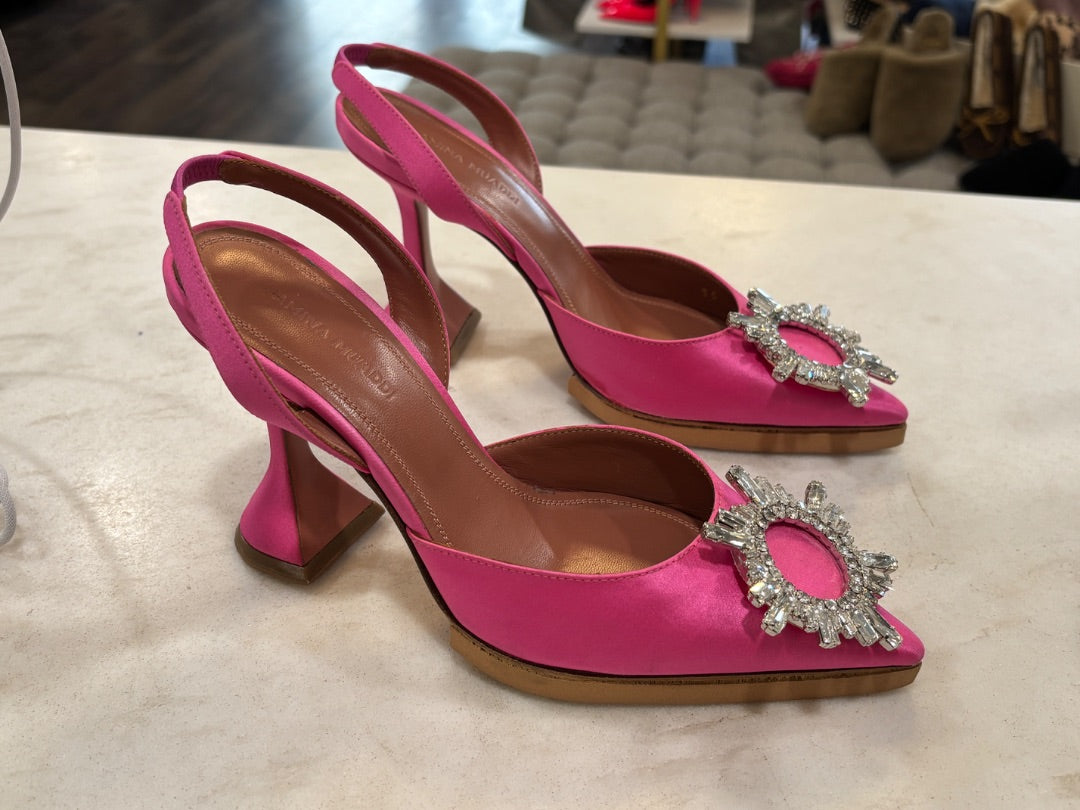 Amina Muaddi Hot Pink Begum Crystal Embellished Satin Slingback Pumps, 35