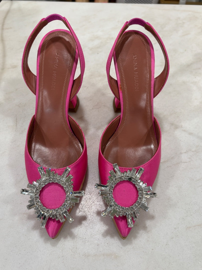 Amina Muaddi Hot Pink Begum Crystal Embellished Satin Slingback Pumps, 35