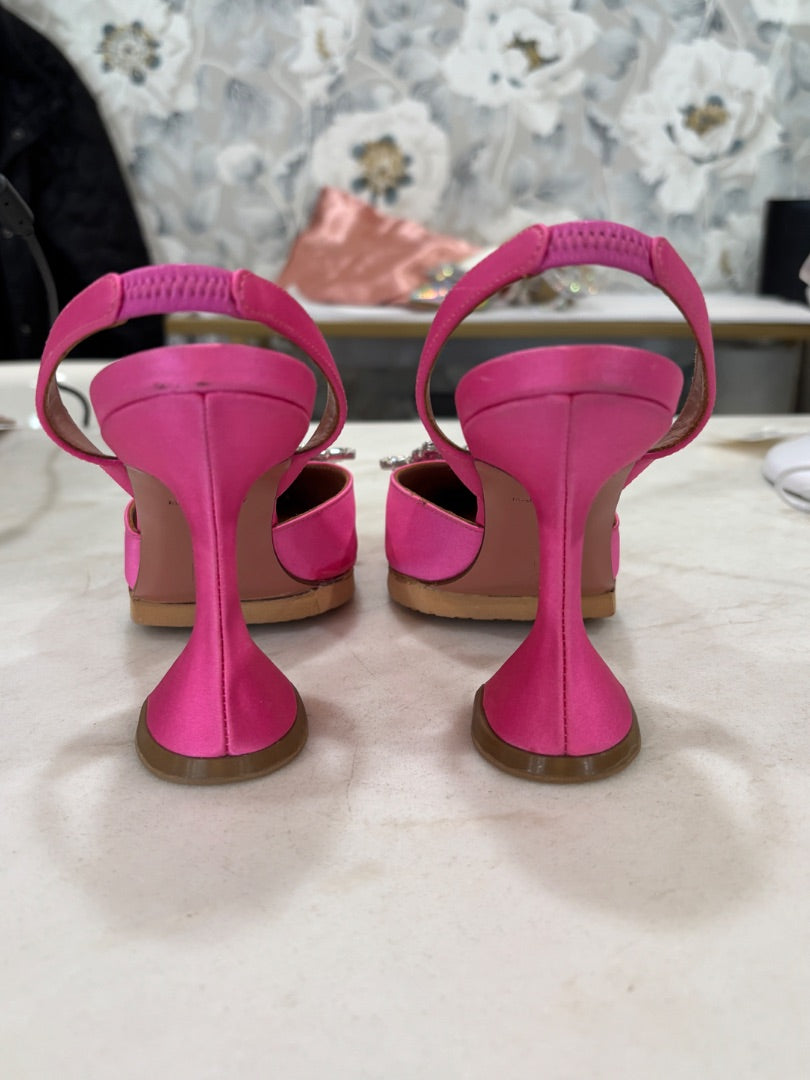 Amina Muaddi Hot Pink Begum Crystal Embellished Satin Slingback Pumps, 35