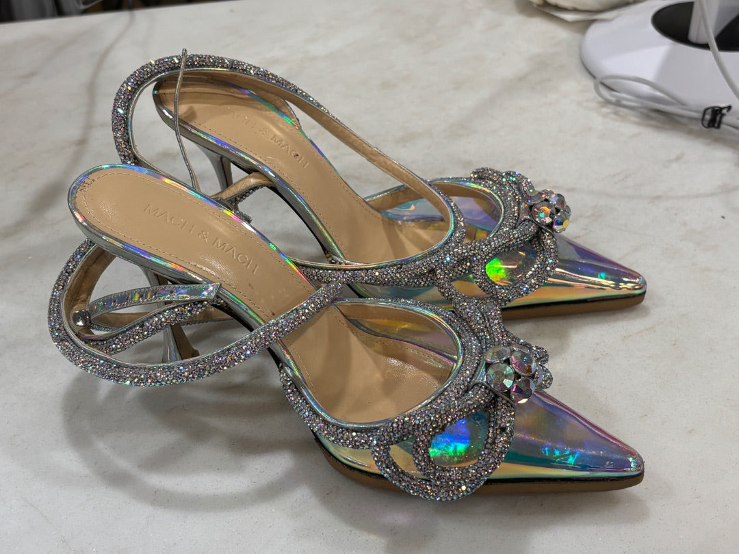 Mach & Mach Silver Double Bow Iridescent Slingback Heels, 35.5