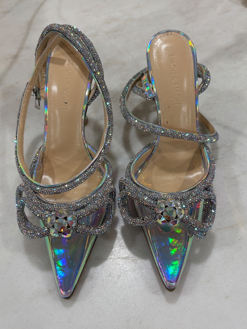 Mach & Mach Silver Double Bow Iridescent Slingback Heels, 35.5
