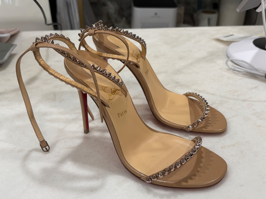 Christian Louboutin Beige "So Me" 100 mm Spike Kid Leather Sandals, 36