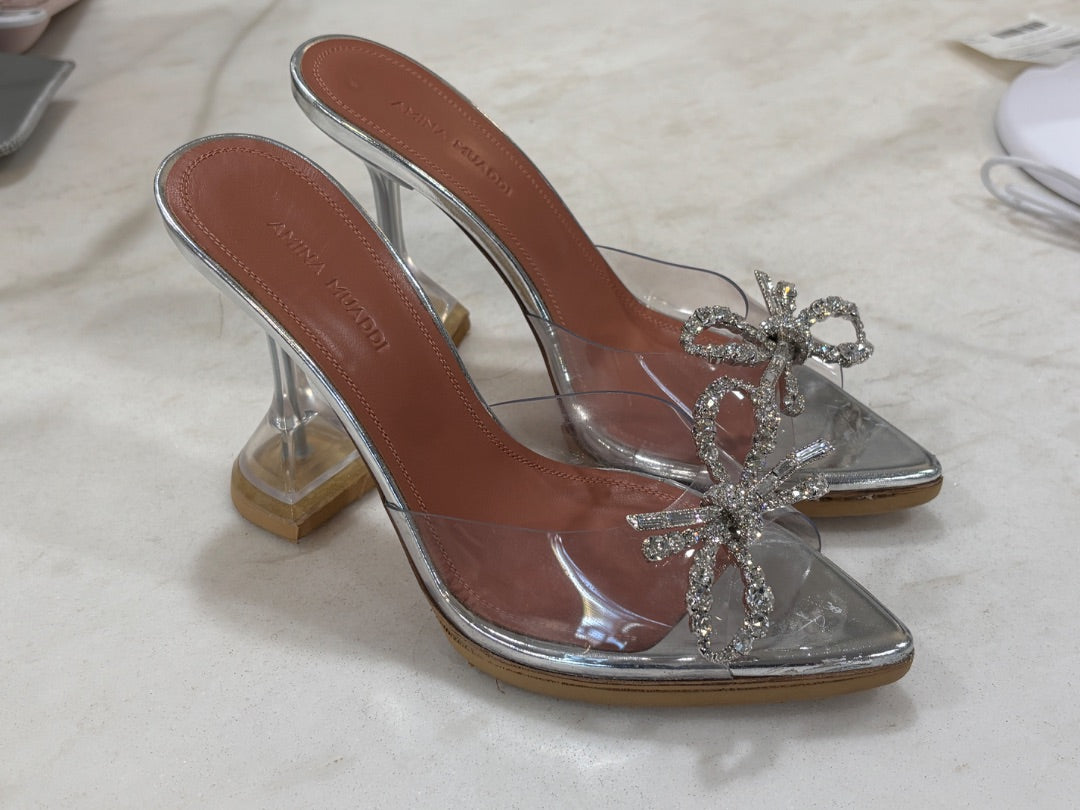 Amina Muaddi Clear Rosie Crystal-Embellished Bow Transparent PVC Heels, 36
