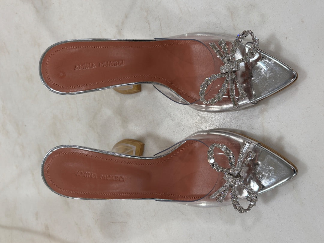 Amina Muaddi Clear Rosie Crystal-Embellished Bow Transparent PVC Heels, 36