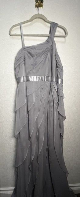 Adrianna Papell Light Gray One-Shoulder Ruched Waist Tiered Dres, 18