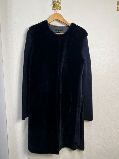Theory Black Navy Rib Knit Sleeve with Suede & Fur Panel Coat, M