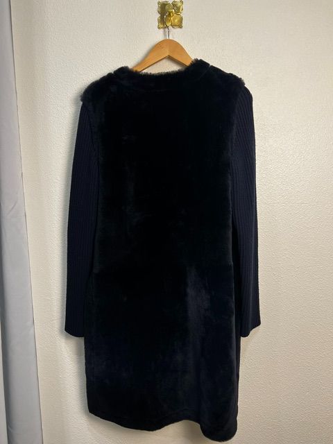 Theory Black Navy Rib Knit Sleeve with Suede & Fur Panel Coat, M