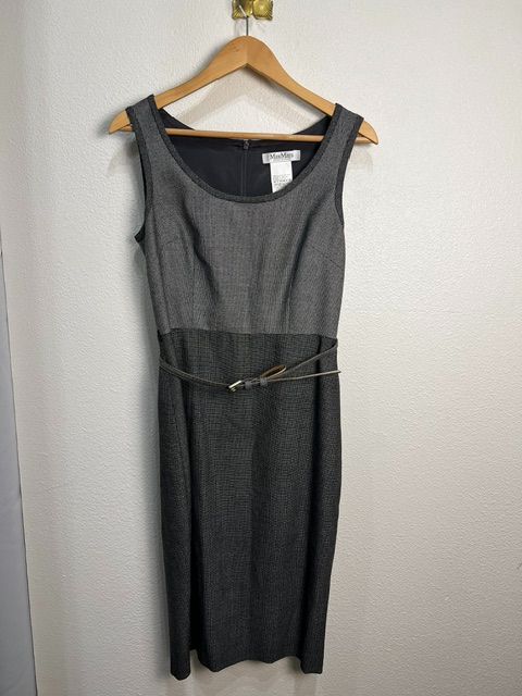 MaxMara Black Gray 100% Wool Belted Sleeveless Check Dress, IT 36 (US 6)