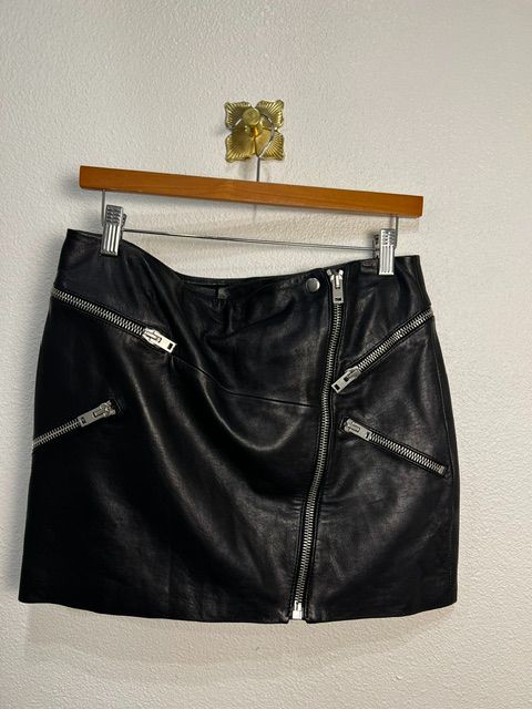 The Kooples Black Lambskin Leather Moto Zip Mini Skirt, L