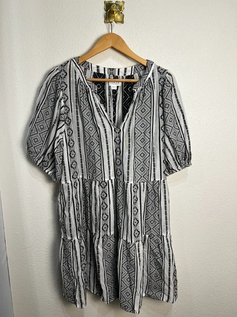 Velvet By Graham & Spencer Black White Sophie Bohemian Print Dress, L
