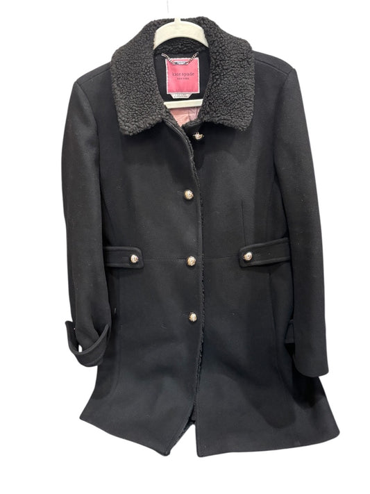 Kate Spade Black Single Breasted Twill Sherpa Trim Coat, L