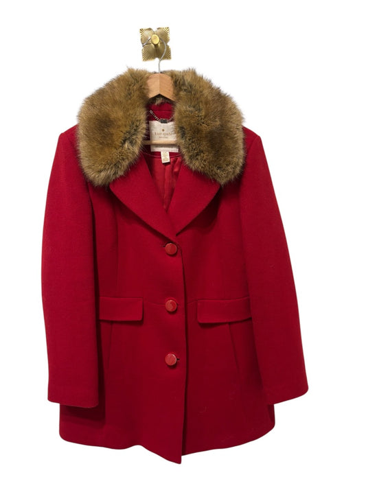 Kate Spade Red Faux Fur Collar Wool-Blend Peacoat, L