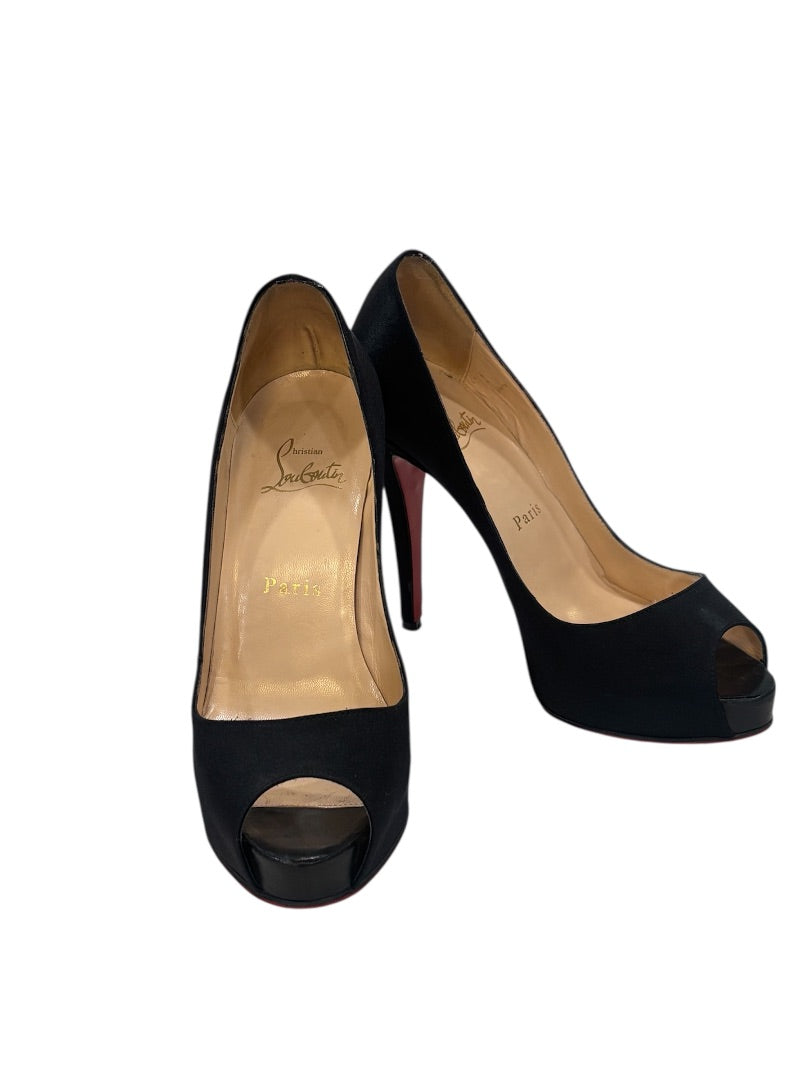 Christian Louboutin Black Satin Peep Toe Stiletto Heels, 6