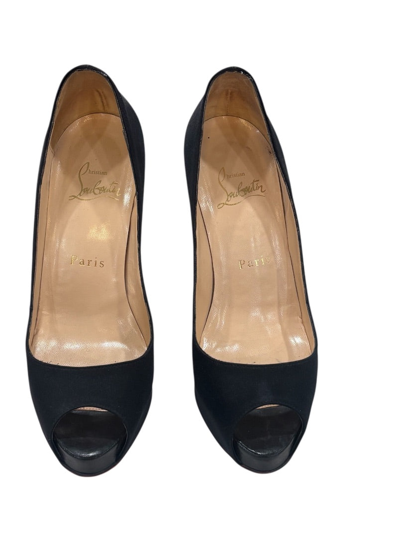 Christian Louboutin Black Satin Peep Toe Stiletto Heels, 6