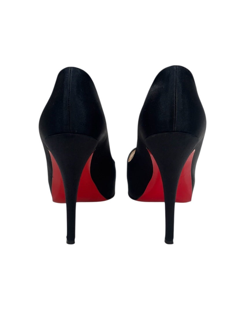 Christian Louboutin Black Satin Peep Toe Stiletto Heels, 6