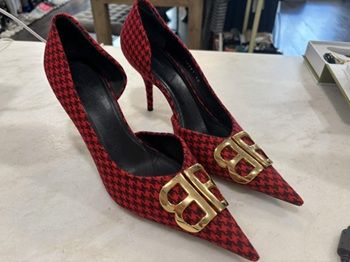 Balenciaga Red Houndstooth Tweed BB Pointy Pumps, 40