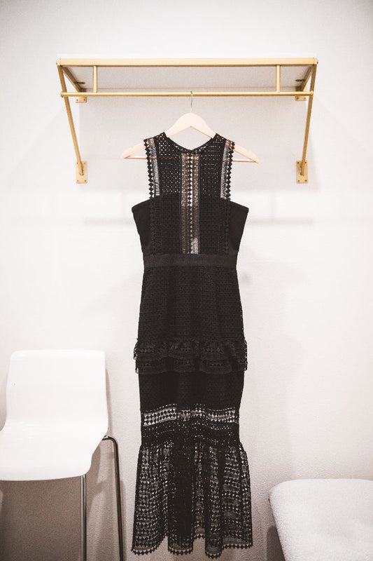 Self-Portrait Black Guipure Lace Ruffled Midi Dress, 2, NWT