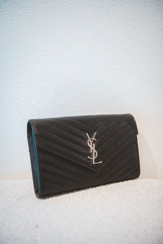 Saint Laurent Black Leather Chevron Monogram Envelope Wallet with Chain