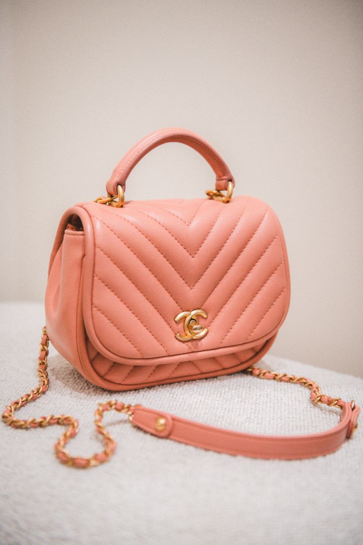 Chanel Pink Lambskin Leather Chevron Top Handle Bag