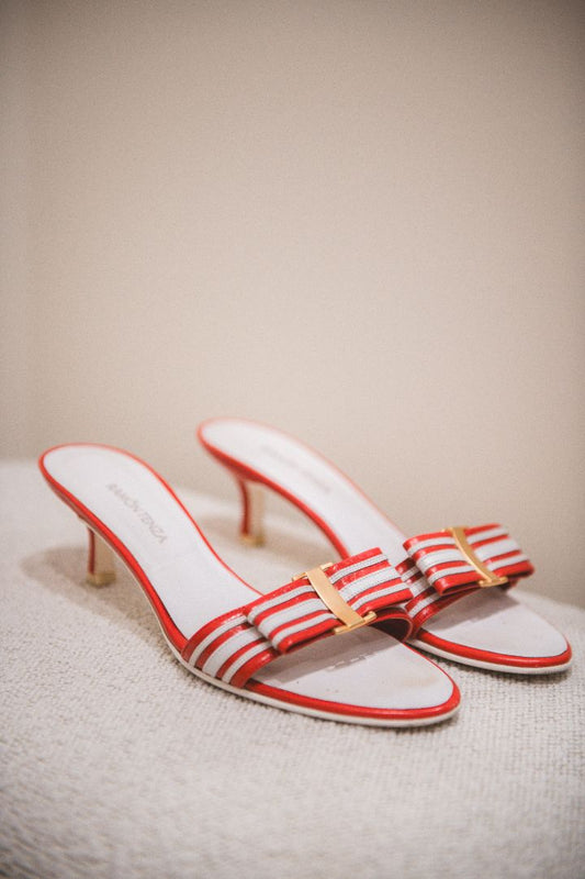 Ramon Tenza Red & White Gold Buckle Kitten Heel Slides, 7.5