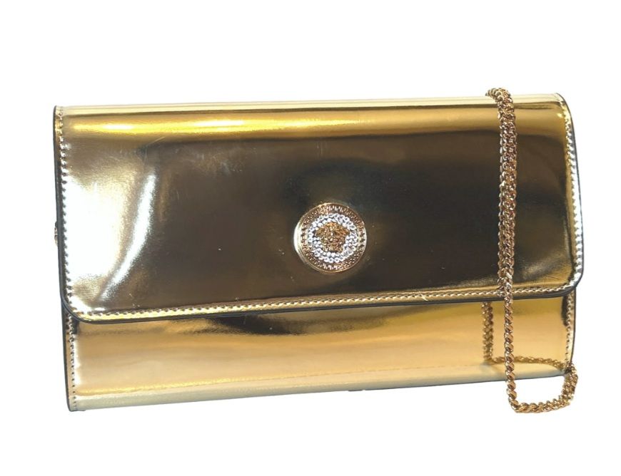 Versace Gold Metallic La Medusa Crystal Clutch Crossbody Bag