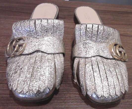 Gucci Marmont Gold Embellished Leather Mule Slides, 38