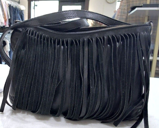 Eileen Fisher Black Leather Fringe Embellished Handbag