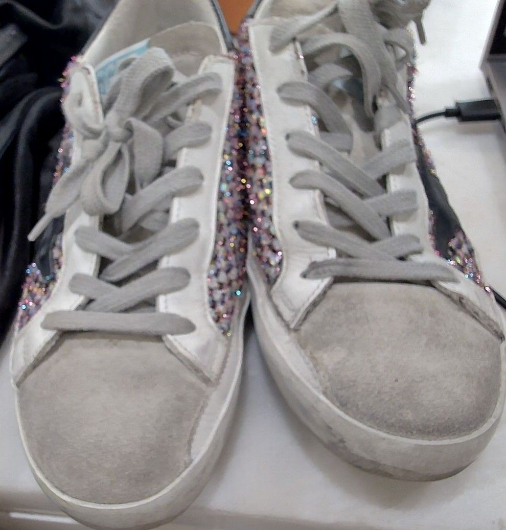 Golden Goose Gray White Glitter Embellished Sneakers, 37
