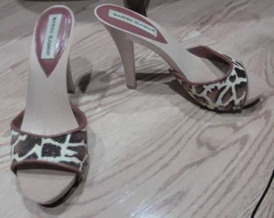 Manolo Blahnik Tan Animal Print Beaded Wooden Heels, 38