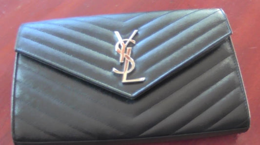 Saint Laurent Black Leather Chevron Monogram Envelope Wallet with Chain