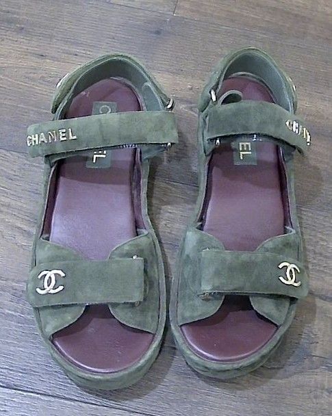 Chanel Khaki Green Velvet Dad Sandals, 39
