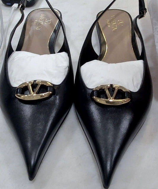 [Box at top shelf front] Valentino Garavani Black Vlogo Calfskin NWT Slingbacks, 41