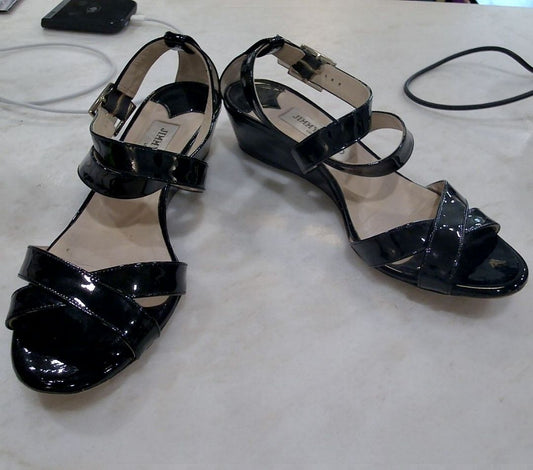 Jimmy Choo Black Patent Leather Chiara Crisscross Ankle Strap Wedge Sandals Size, 37.5