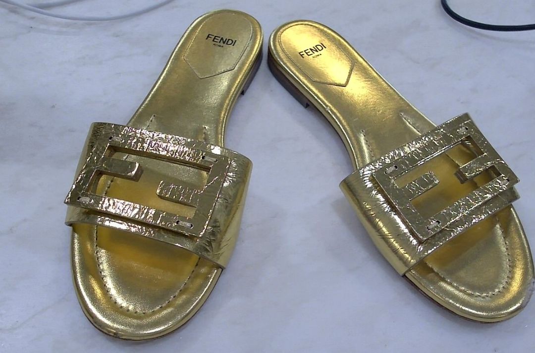 Fendi Gold Metallic Leather Baguette Flat Slides, 38
