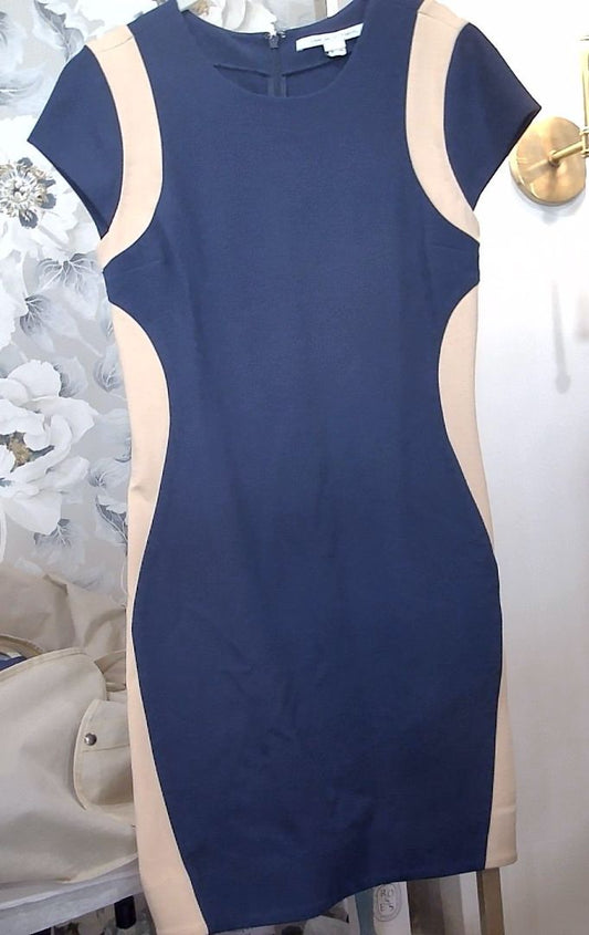 Diane Von Furstenberg Navy & Tan Mini Sheath Bodycon Dress, 6