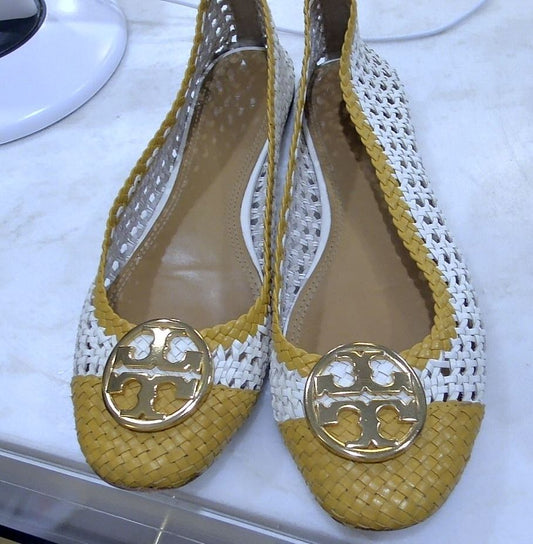 Tory Burch White & Yellow Chelsea Woven Cap Toe Ballet Flats, 11