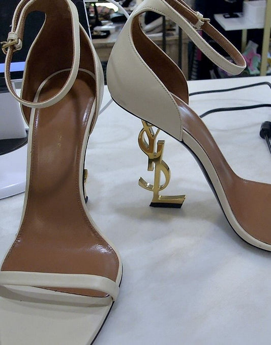 Saint Laurent Beige Opyum Leather Logo Heel Sandals, 38