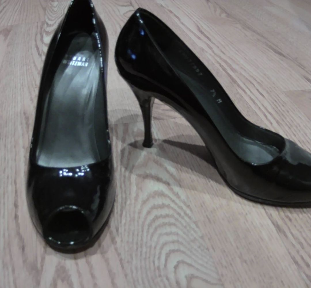 Stuart Weitzman Black Patent Leather Peep Toe Heels, 7.5