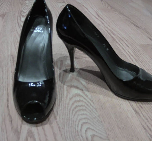 Stuart Weitzman Black Patent Leather Peep Toe Heels, 7.5