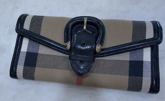 Burberry Tan & Black Supernova Check Cloth Leather D-Ring Flap Wallet