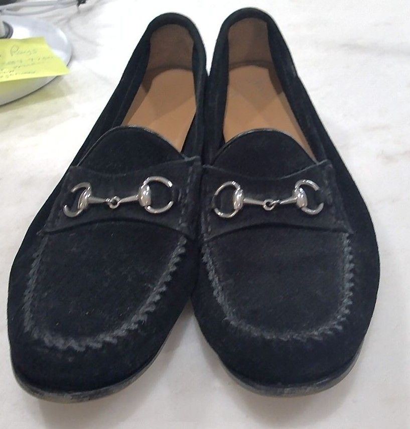 Gucci Black Horsebit Accent Suede Loafers, 39.5