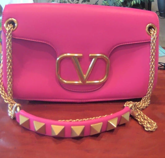 Valentino Garavani Hot Pink Sign V-Logo Leather Rock Stud Shoulder Bag