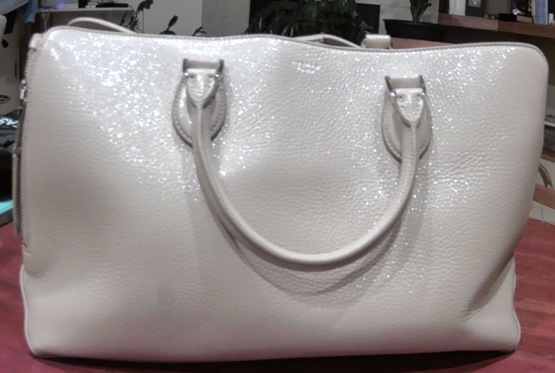 Rochas Beige Shiny Leather Silver-Toned Hardware Top Handle Bag