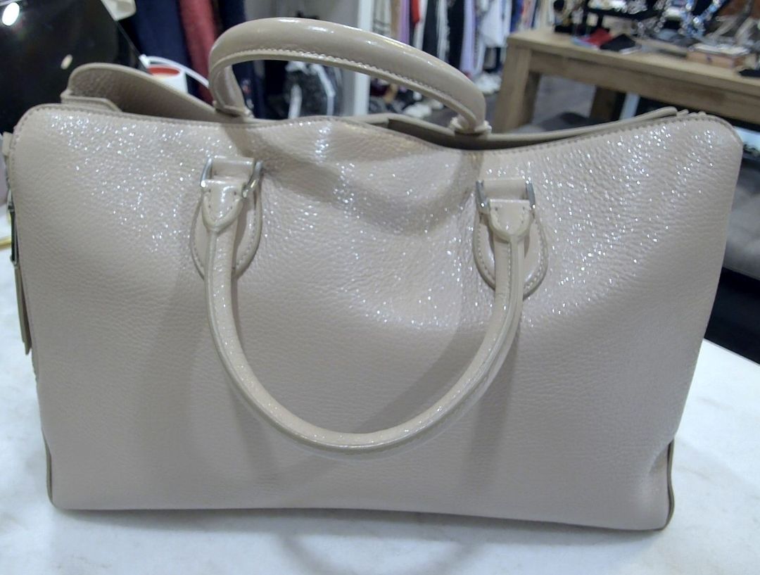 Rochas Beige Shiny Leather Silver-Toned Hardware Top Handle Bag