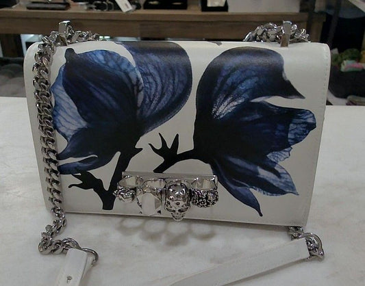 Alexander McQueen White Flower Printed Jewelled Knuckle Satchel Handbag, None