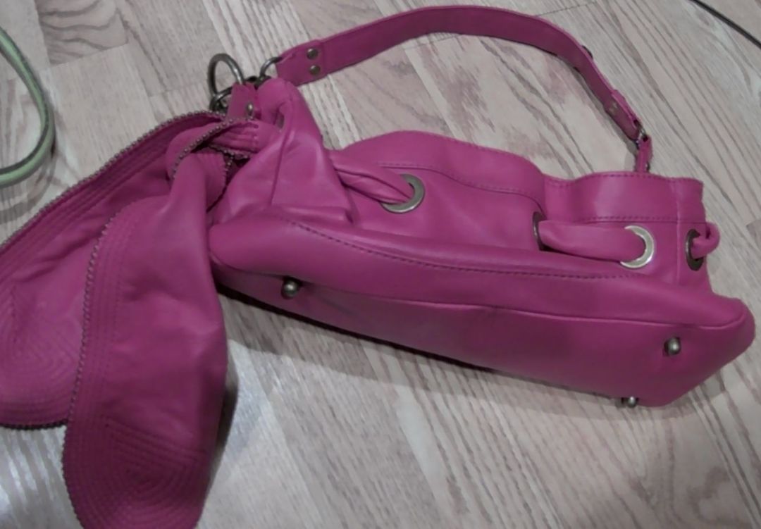 BCBG Max Azria Hot Pink Leather Grommet and Bow Detail Shoulder Bag