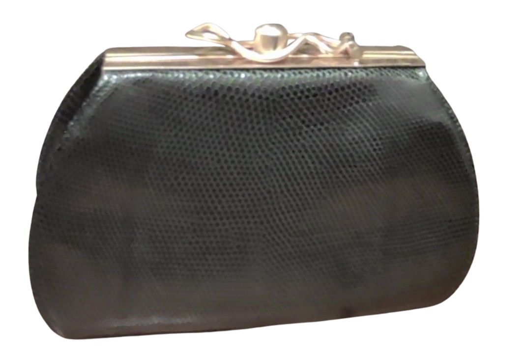 [Box in Back] Gucci Dark Green Leather (Lizard) Hinge Clasp and Shoulder Strap Clutch