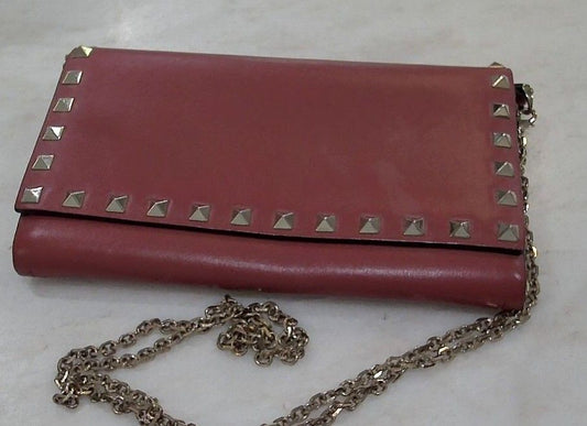 Valentino Garavani Red Leather Rockstud Wallet on Chain